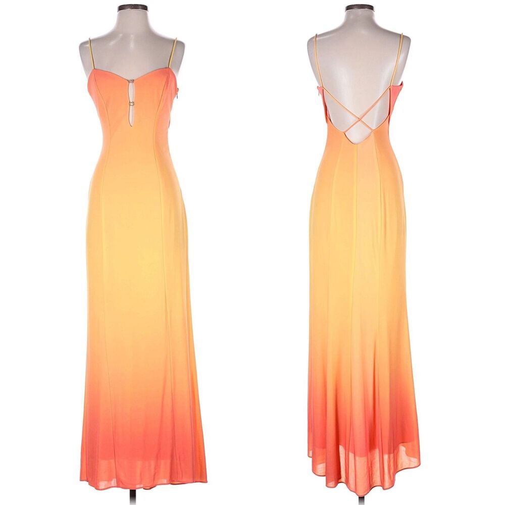 Vintage Y2K Zum Zum Prom Gown Maxi Dress Orange Ombre Rhinestone Size 3